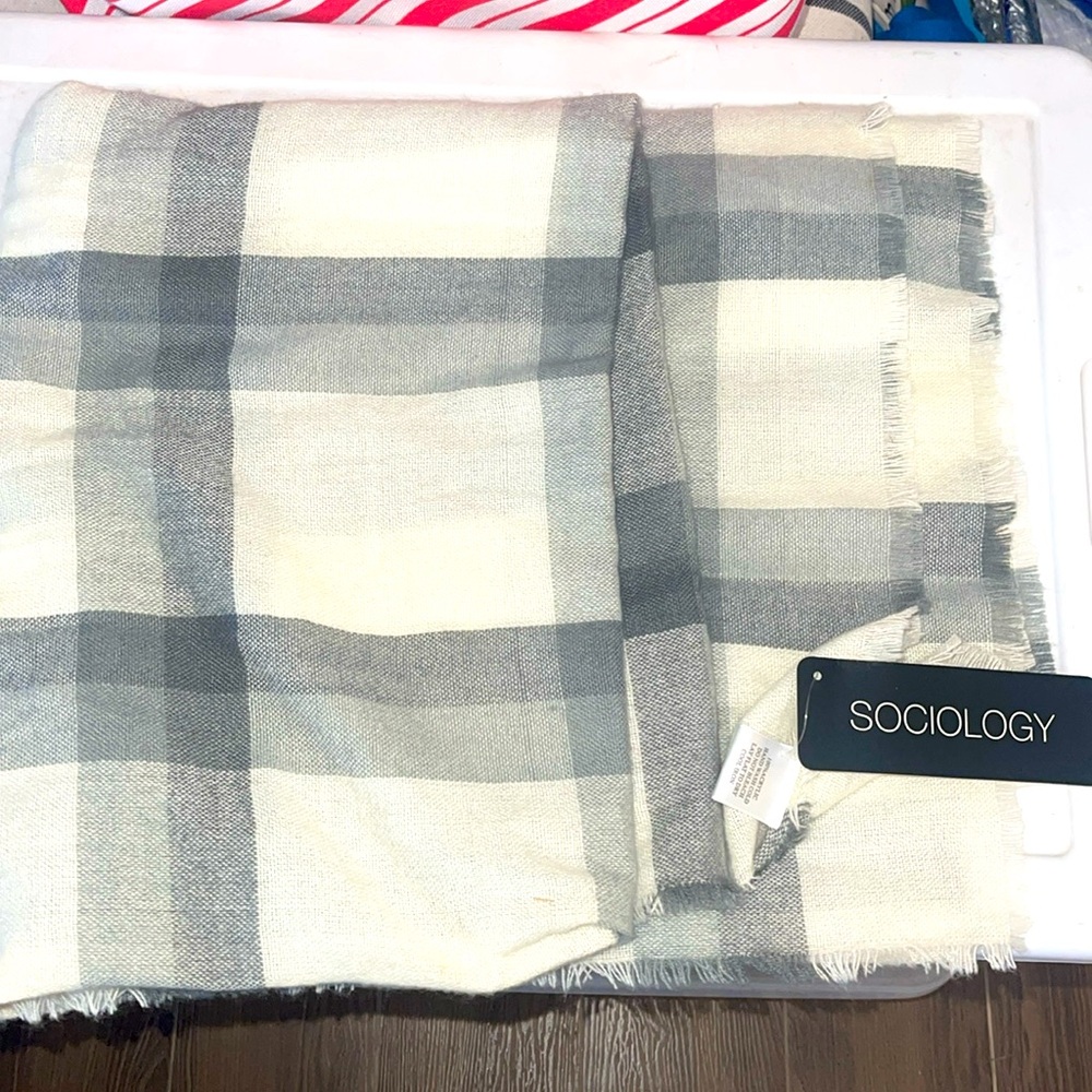 NWT- Sociology Grey cream plaid shawl . 56X54